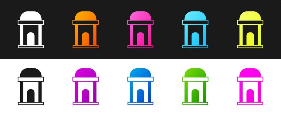 Set Old crypt icon isolated on black and white background. Cemetery symbol Ilustración de archivo