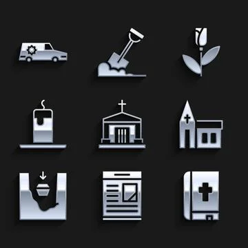Set Old crypt, Obituaries, Holy bible book, Church building, Coffin grave, .. Ilustración de archivo
