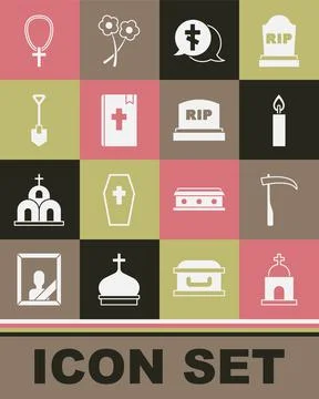 Set Old crypt, Scythe, Burning candle, Grave with cross, Holy bible book, Shovel Ilustración de archivo