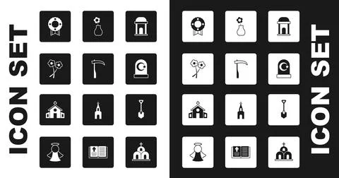 Set Old crypt, Scythe, Flower, Memorial wreath, Muslim cemetery, in vase, Shovel Ilustración de archivo