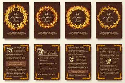 Set of old fary tail flyer pages ornament illustration concept. Vintage art Stock Illustration