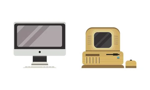 Set of Old Fashioned Personal Computers, Retro Office Workspace Devices Flat Stock Illustration