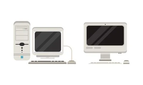 Set of Old Fashioned Personal Computers, Retro Office Workspace Devices, Pc Stock Illustration