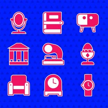 Set Old gramophone, Antique clock, Wrist watch, Chicken egg stand, Armchair.. Stock Illustration