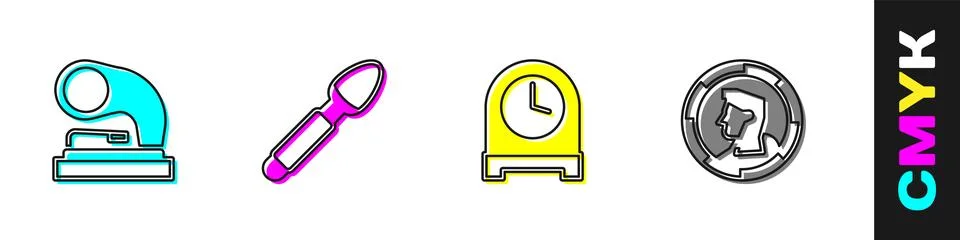 Set Old gramophone, Silver spoon, Antique clock and Ancient coin icon. Vector イラスト素材