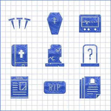 Set Old grave with tombstone, Speech bubble rip death, Death certificate, G.. Stock Illustration