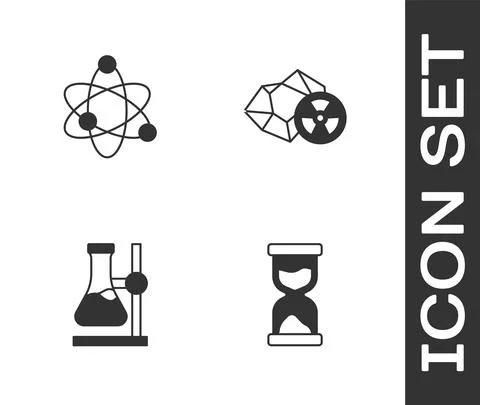 Set Old hourglass, Atom, Test tube flask on stand and Radioactive icon. Vector Illustration