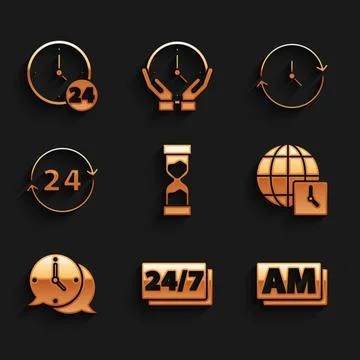 Set Old hourglass, Clock 24 hours, AM, World time, speech bubble, and icon Stock Illustration