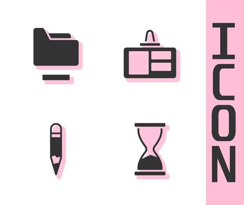 Set Old hourglass, Document folder, Pencil and Identification badge icon. Vector Stock Illustration