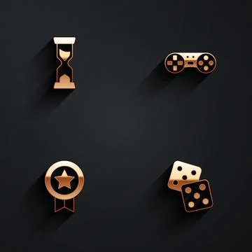 Set Old hourglass, Game controller or joystick, rating with medal and dice icon Stock Illustration