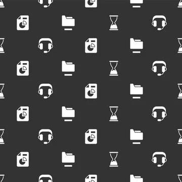 Set Old hourglass, Headphones, Document with graph chart and folder on seamless Stock Illustration