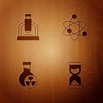Set Old hourglass, Microscope, Test tube with toxic liquid and Atom on wooden Stock Illustration
