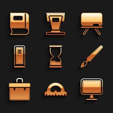 Set Old hourglass, Protractor grid, Computer monitor, Paint brush, Briefcase イラスト素材