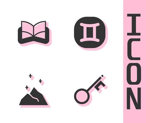 Set Old key, Ancient magic book, Magic powder and Gemini zodiac icon. Vector Stock Illustration