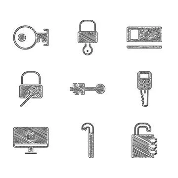 Set Old key, Crowbar, Safe combination lock, Car with remote, Lock computer Stock Illustration