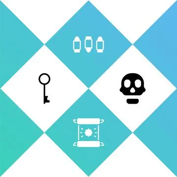 Set Old key, Decree, parchment, scroll, Bullet and Skull icon. Vector Illustrazione stock