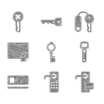 Set Old key, Digital door lock, Key, card, Folder and, House with and Wrong icon イラスト素材