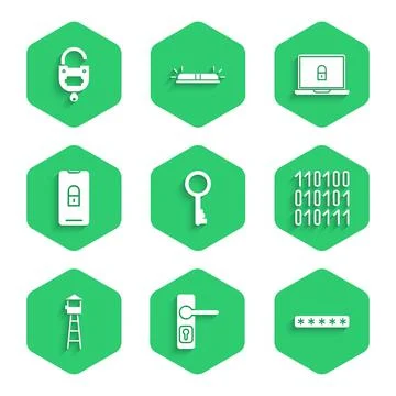 Set Old key, Door handle, Password protection, Binary code, Watch tower, Mobile Stock Illustration