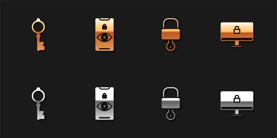 Set Old key, Eye scan, Lock and and on computer monitor icon. Vector Stock Illustration