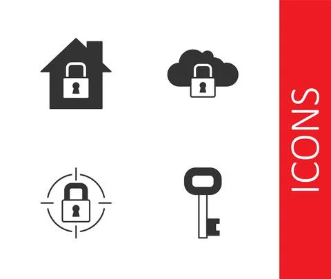 Set Old key, House under protection, Lock and Cloud computing lock icon. Vector Stock Illustration