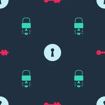 Set Old key, Keyhole and broke inside of padlock on seamless pattern. Vector Illustrazione stock
