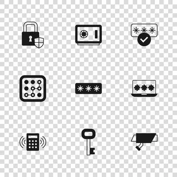Set Old key, Laptop with password, Security camera, Password protection, Sh.. Stock Illustration