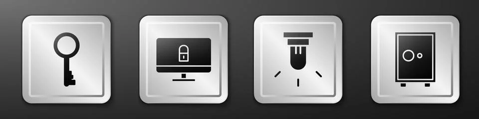 Set Old key, Lock on computer monitor, Motion sensor and Safe icon. Silver Illustrazione stock