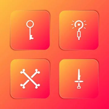 Set Old key, Magic wand, Crossed human bones and Dagger icon. Vector Stock Illustration