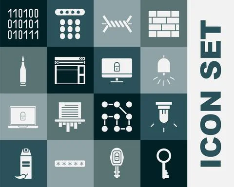 Set Old key, Motion sensor, Ringing alarm bell, Barbed wire, Website template Stock Illustration