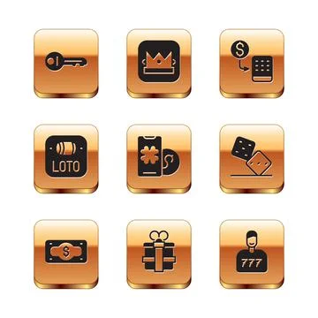 Set Old key, Stacks paper money cash, Gift box, Online poker table game, Lottery Stock Illustration