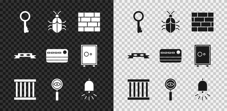 Set Old key, System bug concept, Bricks, Prison window, Magnifying glass Search Illustrazione stock
