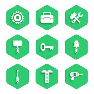 Set Old key, T-square line, Electric drill machine, Trowel, Screwdriver, Putty Stock Illustration
