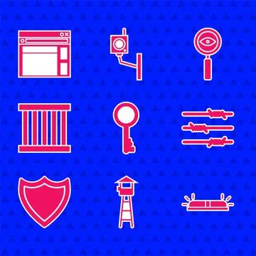 Set Old key, Watch tower, Flasher siren, Barbed wire, Shield, Prison window Stock Illustration