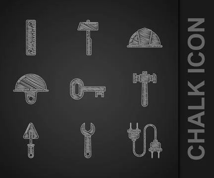 Set Old key, Wrench spanner, Electric plug, Hammer, Trowel, Worker safety hel Stock Illustration