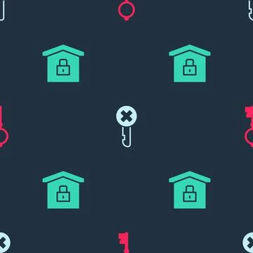 Set Old key, Wrong and House under protection on seamless pattern. Vector Stock Illustration