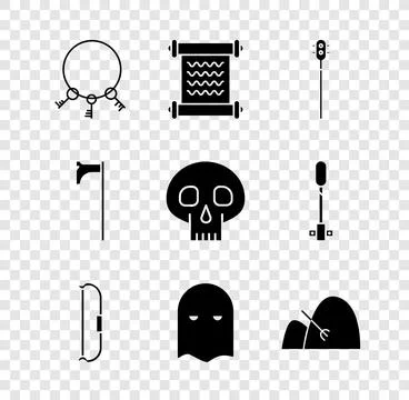 Set Old keys, Decree, parchment, scroll, Medieval chained mace ball, bow, E.. Stock Illustration
