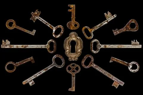 Set of old keys, isolated on black background Stock Photos