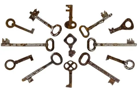 Set of old keys, isolated on white background Stock Photos