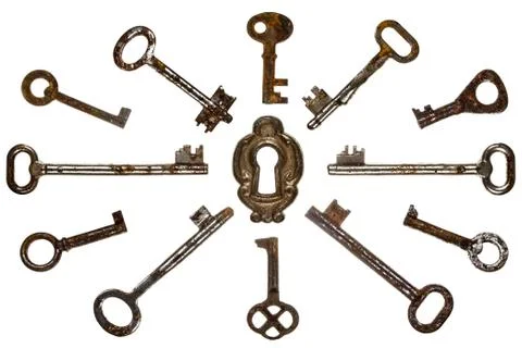Set of old keys, isolated on white background Stock Photos