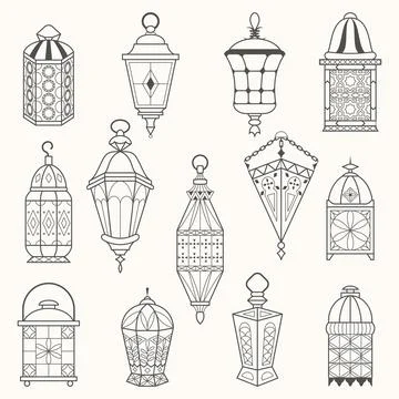Set of old lamps. Lantern vector dark silhouettes Stock Illustration