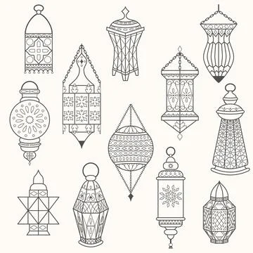 Set of old lamps. Lantern vector dark silhouettes Stock Illustration
