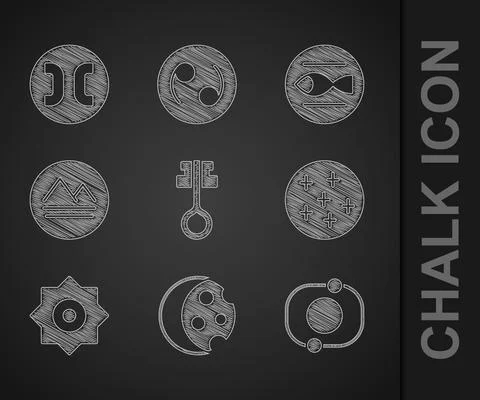 Set Old magic key, Eclipse of the sun, Solar system, Full moon, Falling star Ilustração Stock