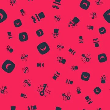 Set Old magic key, Magician, Moon and stars and hat on seamless pattern. Vector 스톡 일러스트