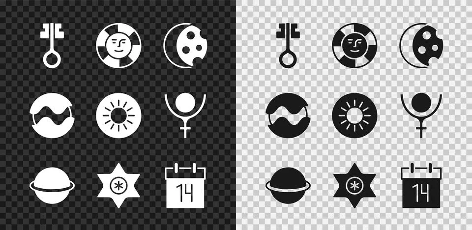 Set Old magic key, Sun, Eclipse of the sun, Planet Saturn, Falling star Illustrazione stock