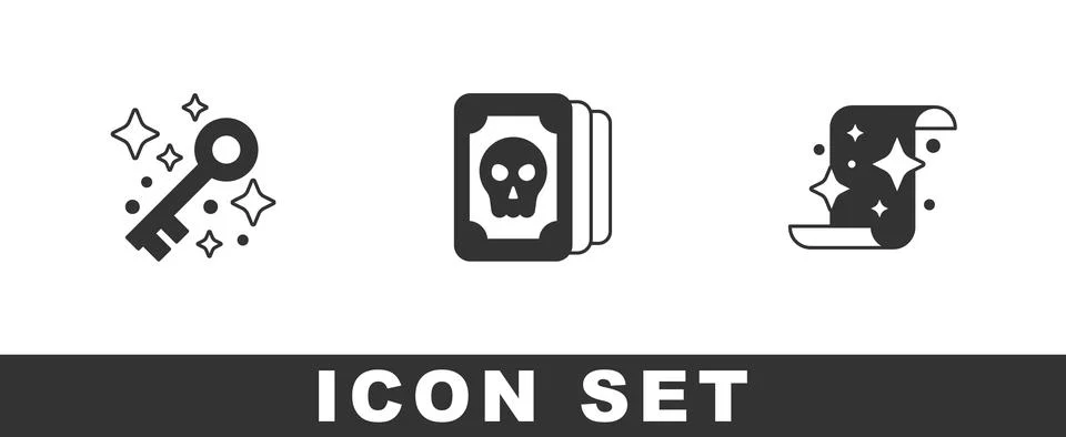 Set Old magic key, Tarot cards and Magic scroll icon. Vector Stock Illustration