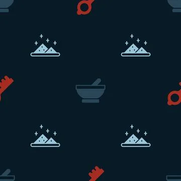 Set Old magic key, Witch cauldron and Magic powder on seamless pattern. Vector Stock Illustration