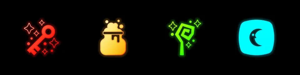 Set Old magic key, Witch cauldron, Magic staff and Moon and stars icon. Vector Stock Illustration