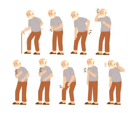 Set of old man pose symptoms gesture with pain set collection with back, ch.. Stock Illustration