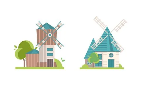 Set of Old Mills, Ancient Windmill Rural Buildings for Grain or Bread Processing Stock Illustration