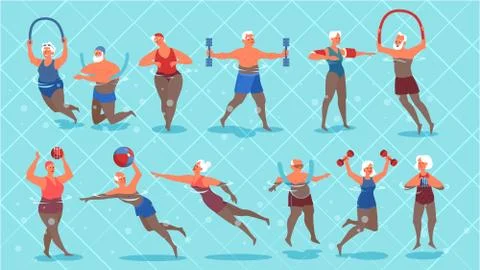 Set of old people doing exercise in swimming pool. Stock Illustration